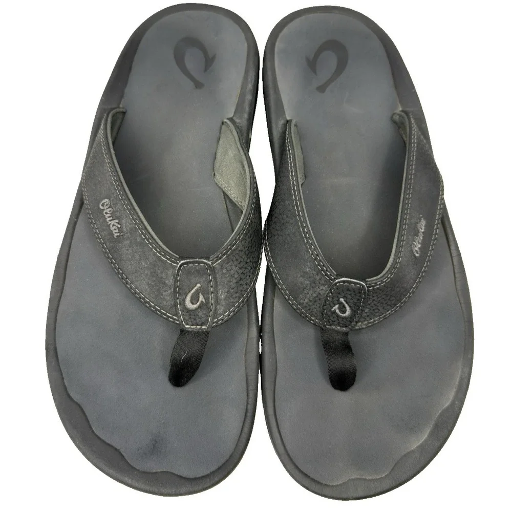 OluKai Ohana Sandals Mens 13 Black Comfort Beach Flip Flops